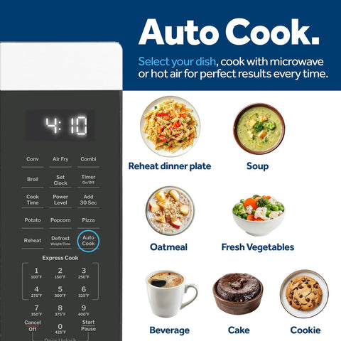 Auto Cook menu on 4-In-One Countertop Microwave Oven With Air Fry, Convection Bake And Broil, 1.0 Cu Ft, 1050W, Stainless Steel