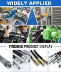 Pro Level Electric Hydraulic Hose Crimper With Eight Slick Dies For No Sweat Quarter To One Inch Seals On Automotive AC And Heavy Duty Farm Gear Portable 110 Volt Power Setup For Reliable Fuel Line And Hydraulic Repair Jobs, showcased in images of application and finished products.