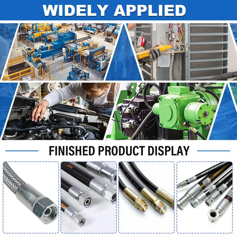 Pro Level Electric Hydraulic Hose Crimper With Eight Slick Dies For No Sweat Quarter To One Inch Seals On Automotive AC And Heavy Duty Farm Gear Portable 110 Volt Power Setup For Reliable Fuel Line And Hydraulic Repair Jobs, showcased in images of application and finished products.