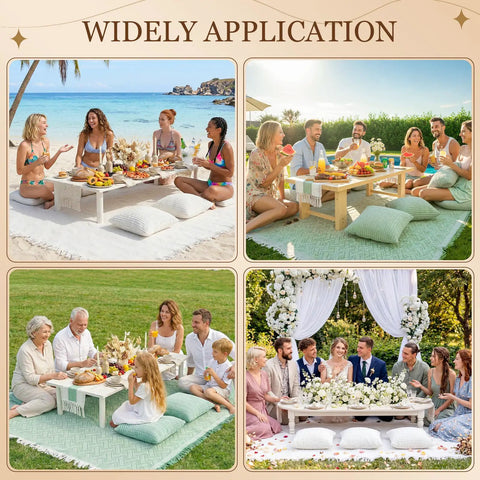Extra Large Outdoor Boho Picnic Blanket Set With Low Table Runner And 6 Throw Pillow Covers For Beach Park Garden Or Patio Parties Festivals And Outdoor Gatherings On The Lawn Mat XL featuring various gatherings