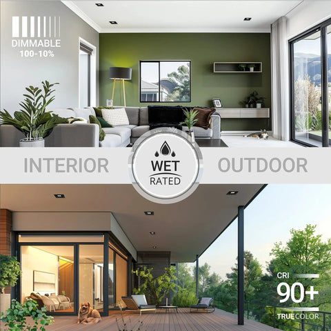 Living room and patio showing 4 Pack Black 6 Inch Square LED Can Lights With 5 CCT Selectable 2700K To 5000K, 1100 Lumens, 14W, Dimmable, Retrofit Recessed Lighting, ETL Wet Rated For Bathrooms.