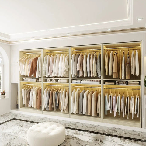 Built Different 12 Foot Modular Closet System With 8 Hanging Rods, Heavy Duty 4 Piece Wood Wardrobe Organizer With 2800 Lbs Capacity, White Oak Finish Wall To Wall Storage Shelves For Walk In Closets