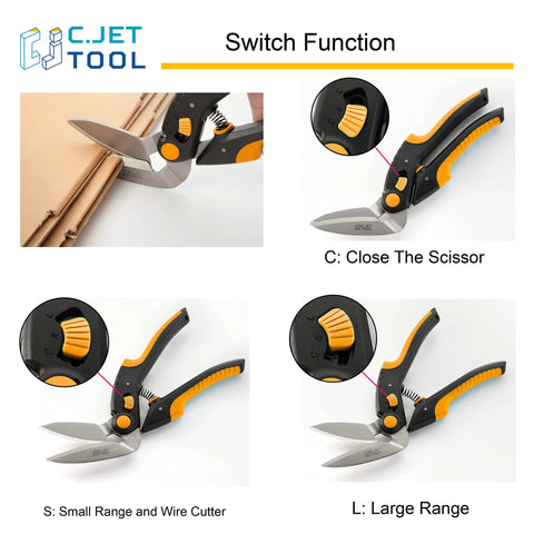 C.JET TOOL 10 Heavy-Duty Scissors with orange/black handle and stainless blades; four-view collage.