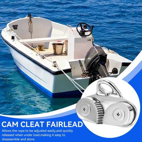 Beefy 316 Stainless Steel Cam Cleat With Rustproof Design used on boat, features 6 to 15mm rope fit and fairlead ring