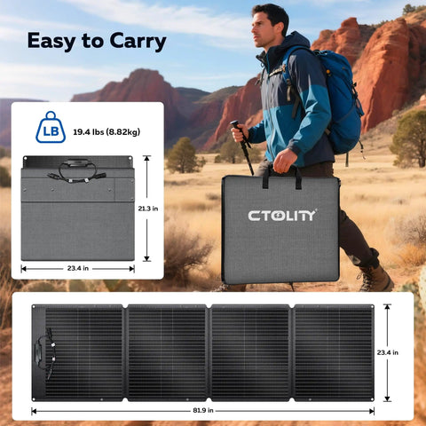 Person carrying Portable 200W Foldable Solar Panel Kit with ETFE Cover for Power Station and Off Grid Backup Power IP68 Waterproof.