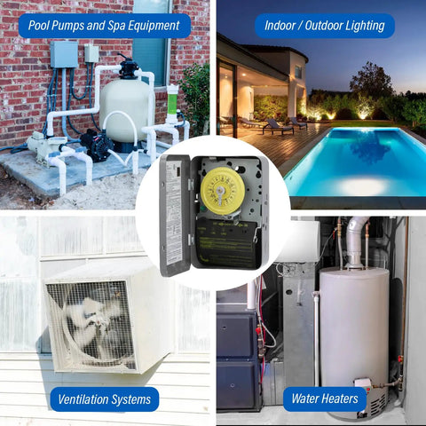 Top Shelf Mechanical Timer Switch DPST 208 To 277 Volt for outdoor lighting, pool pumps, ventilation, and water heaters.