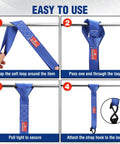 Soft Loop Tie Down Straps 4 Pack 1.6 Inch By 17 Inch 5000 Lbs Break Strength Heavy Duty With Soft Loop Ends For Securing Motorcycles ATVs UTVs Kayaks Dirt Bikes Blue, shown wrapped around a bar