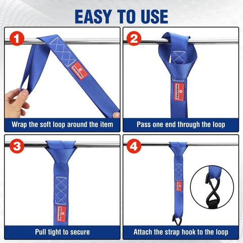 Soft Loop Tie Down Straps 4 Pack 1.6 Inch By 17 Inch 5000 Lbs Break Strength Heavy Duty With Soft Loop Ends For Securing Motorcycles ATVs UTVs Kayaks Dirt Bikes Blue, shown wrapped around a bar