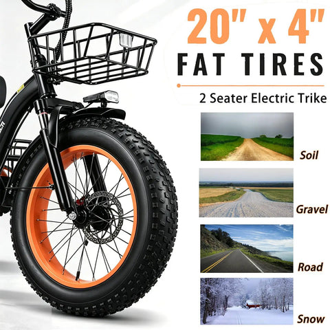 Adult Folding Electric Tricycle With Passenger Seat And Wide Tires 350W Motor 750W Peak Up To 20 MPH 25 To 30 Mile Range 48V 15Ah Aluminum Frame 7 Speed Three Wheel E Trike For All Day City Cruising 20x4 fat tire