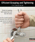 Hand using One Stop 2-In-1 Wrench For Angle Stops And Compression Couplings with Dual Wrench Design to tighten plumbing valve.