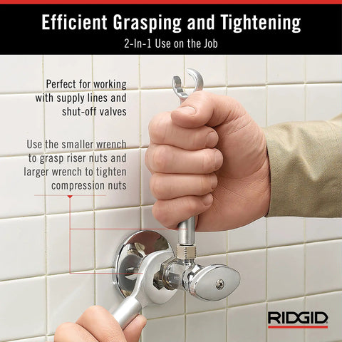 Hand using One Stop 2-In-1 Wrench For Angle Stops And Compression Couplings with Dual Wrench Design to tighten plumbing valve.