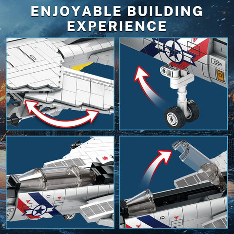 Details of the F-14 Fighter Jet Building Set With Movable Wings, Realistic Military Plane Model Kit For Adults, focus on parts.