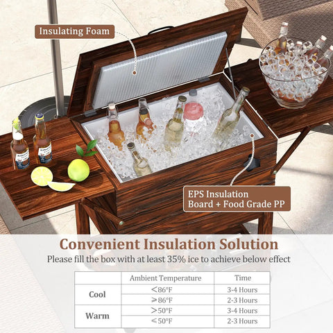 Wooden Patio Cooler Cart With 54 Quart Capacity Rolling Beverage Bar On Wheels With Bottle Opener Drain Plug And Locking Wheels Perfect For Poolside Backyards Parties And BBQs