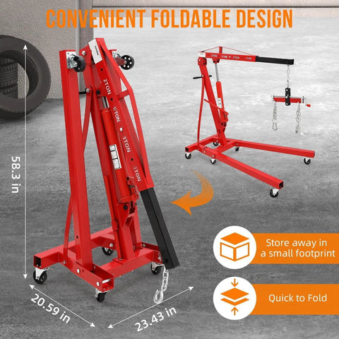 Badass Heavy Duty Folding Hydraulic Engine Hoist Cherry Picker Shop Crane Two Ton Lifter with foldable design and dimensions displayed.