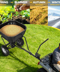 Tow Behind Broadcast Spreader For Lawn And Garden With 130 Lb Hopper attached to ATV, showcasing seed spread, lawn care, seasonal uses.