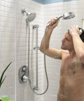 Man using Icon Chrome One-Function Showerhead With Five Seven Eighths Inch Diameter Full Spray, 2.5 GPM, Easy Install, Model S6312