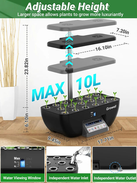 Dope Indoor Hydroponics Growth System Kit With 17 Pods, 102 28W full-spectrum grow lights, 10L reservoir, adjustable height shown