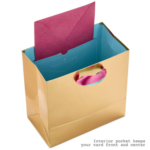 Medium Gift Bag With Tissue Paper And Hooray Confetti Design In Gold With Pink Teal Purple For Bridal Showers Graduations Retirements And More The Perfect Gift Wrap On The Go 7.75 Inch Gift Bag showing interior card pocket