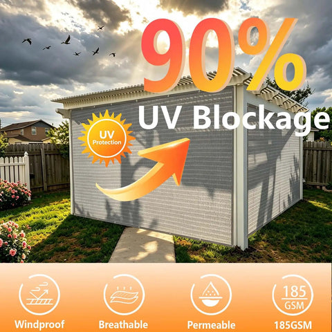 Gray 90 Percent Sun Shade Cloth For Outdoor Deck Backyard Patio Garden Pergola Cover Canopy, showing 90% UV blockage.