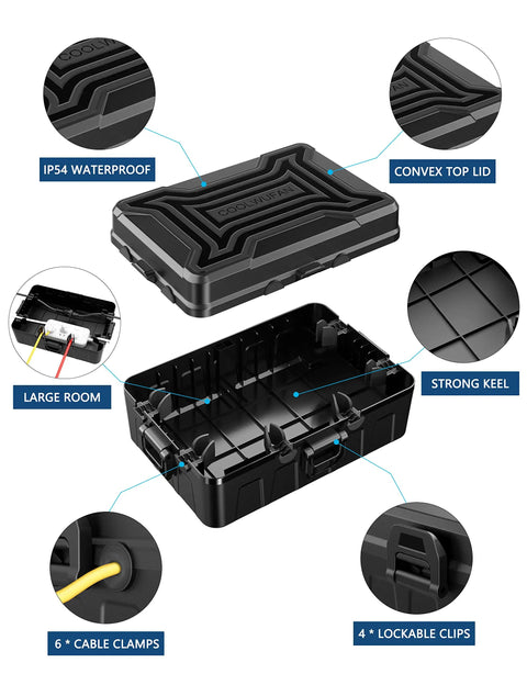 Outdoor Weatherproof Electrical Box With 3 Way Cord Connection Cover And Six Entry Ports, IP54 waterproof, durable, cable clamps