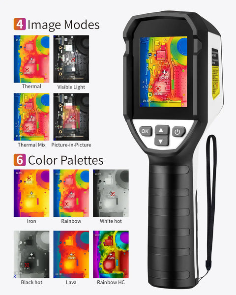 Infrared Thermal Camera FI160S With 320x240 High-Res display showing image modes and color palettes