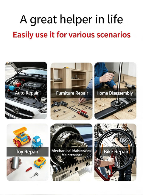 Image showing various repair scenarios including auto repair, furniture repair, home disassembly, toy repair, and bike repair.