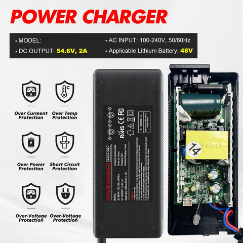 54.6V 2A Electric Charger for 48V Lithium Battery Packs 13S Li-Ion with internal components and protections visible