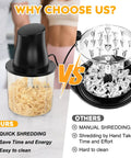 Turnrise Electric Chicken Shredder Tool with Double S-Blades side-by-side comparison showcasing quick shredding versus manual shredding.