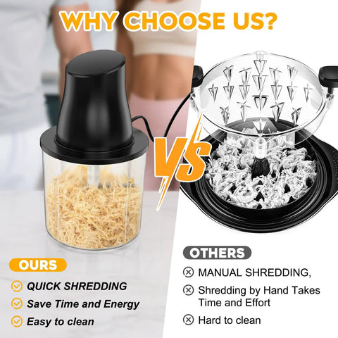 Turnrise Electric Chicken Shredder Tool with Double S-Blades side-by-side comparison showcasing quick shredding versus manual shredding.