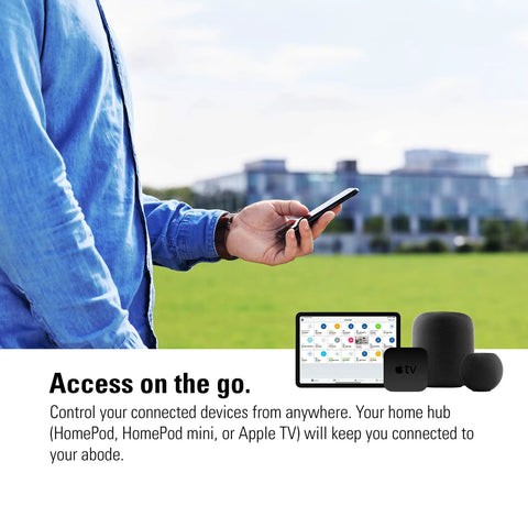 Person holding smartphone outside, with Apple HomeKit Smart Plug, HomePod, and Apple TV icons, enabling seamless smart control.