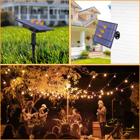 Pro Replacement Solar Panel For 4W Outdoor Solar Powered String Lights, High Commercial Grade, mounted on grass and wall, concert lights.