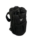 Black Bike Stem Bag With Insulated Pouch For Snacks And Water Bottle Storage, compact design fits 32oz bottles, mesh pocket detail.