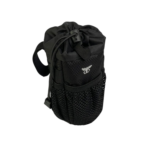 Black Bike Stem Bag With Insulated Pouch For Snacks And Water Bottle Storage, compact design fits 32oz bottles, mesh pocket detail.