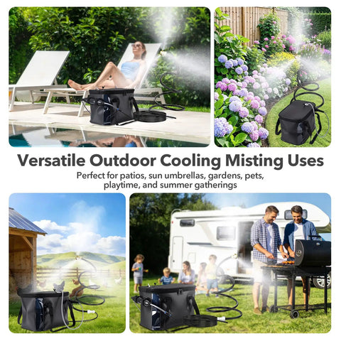 Portable Misting System With 5000mAh Rechargeable Pump, 20L Water Bucket, 9.8Ft Hose And 8.2Ft Cobra Mist Stand for outdoor use