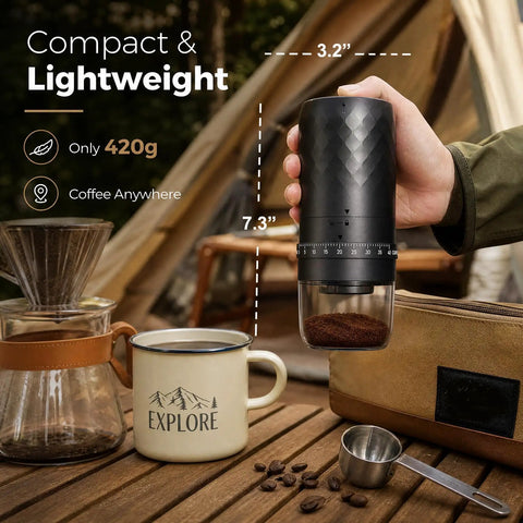 Portable Electric Burr Coffee Grinder Built To Last With Slick Steel Burrs Rechargeable 1800 MAH Battery Drops In Forty Settings Straight Fire Grinds, shown in hand with coffee mug and beans.