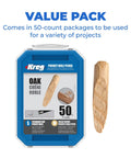 Front view of Kreg solid-wood pocket-hole plugs in oak, 50-count.