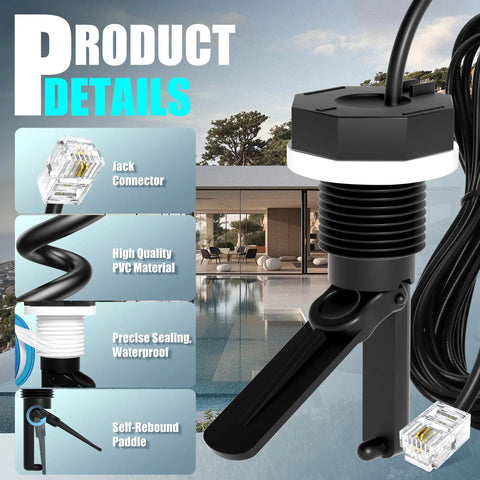 Flow Switch Replacement For Hayward Salt Systems And Salt Cells With 15 Ft Cable Compatible With GLX-FLO-RP, GLX-FLO-HP, And OPT-FS A Top-Notch Aqua Rite Goldline Upgrade For Reliable Home Spa And Pool Water Flow. black PVC flow switch with 15 ft cable, jack connector, threaded fitting