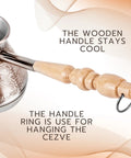 Leopard Copper Turkish Cezve 14 Fl Oz 400 Ml Large Turkish Coffee Pot with Wooden Handle and Ring, close-up view