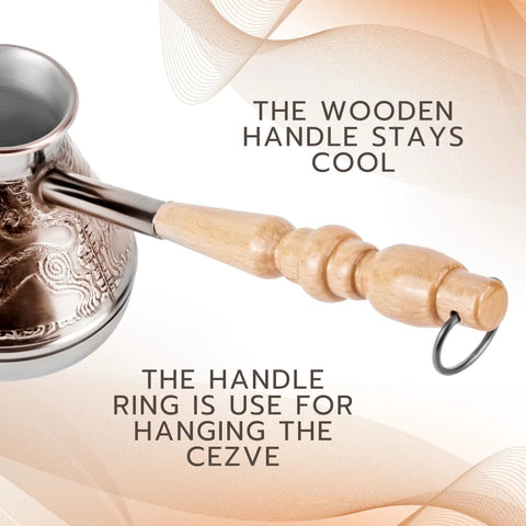 Leopard Copper Turkish Cezve 14 Fl Oz 400 Ml Large Turkish Coffee Pot with Wooden Handle and Ring, close-up view