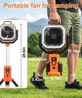 Person holding Cordless Portable Standing Fan With 20000mAh Battery, LED Lantern And Remote, height 28.6in, orange
