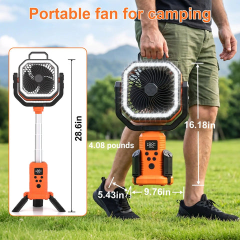 Person holding Cordless Portable Standing Fan With 20000mAh Battery, LED Lantern And Remote, height 28.6in, orange
