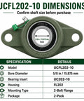 UCFL202-10 2-Bolt Flange Bearing Units 5/8 Inch Bore Cast Iron Housing With Set Screw Locking, showing specifications