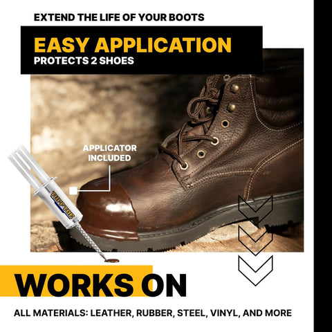 Rugged Boot Toe Protector Adhesive For Shoes And Work Boots, Waterproof, Heat Resistant, Heavy Duty Toe Shield on brown boot