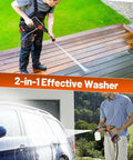 Person using Cordless Handheld Washer With Brushless Motor, 6000mAh Battery Operated Car Washer, 6 In 1 Nozzle Foam Cannon.