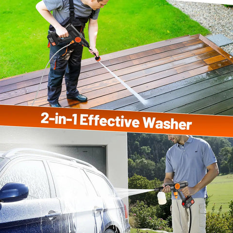 Person using Cordless Handheld Washer With Brushless Motor, 6000mAh Battery Operated Car Washer, 6 In 1 Nozzle Foam Cannon.