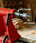 MT2 to MT1 Morse Taper Reducing Adapter Sleeve on a woodworking lathe, showcasing a heavy-duty steel MT1 center.