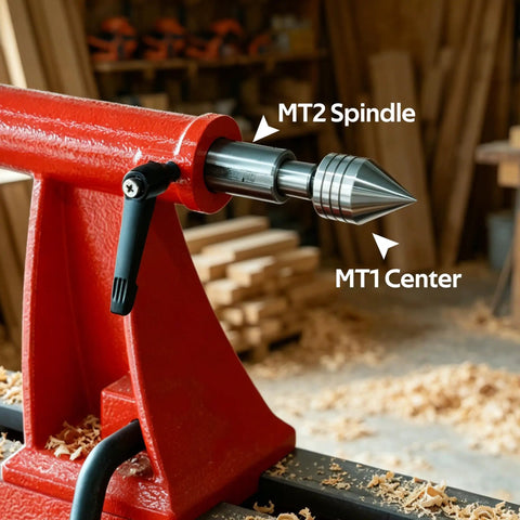 MT2 to MT1 Morse Taper Reducing Adapter Sleeve on a woodworking lathe, showcasing a heavy-duty steel MT1 center.