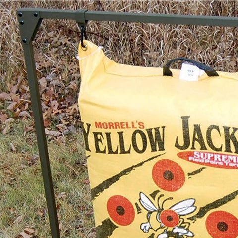 Bag Target Stand for Indoor and Outdoor Archery Practice with Yellow Jacket bag on grass background