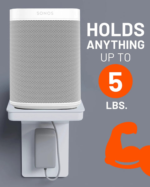 Outlet Shelf for Standard Outlets With Built In Cord Storage And Room For Bulky Plugs Quick Install With Included Hardware showing 5 lb capacity