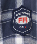 Flame Resistant Work Shirt For Men In Navy White Plaid, 6.25oz FR Cotton Twill badge close-up, lightweight welding shirt